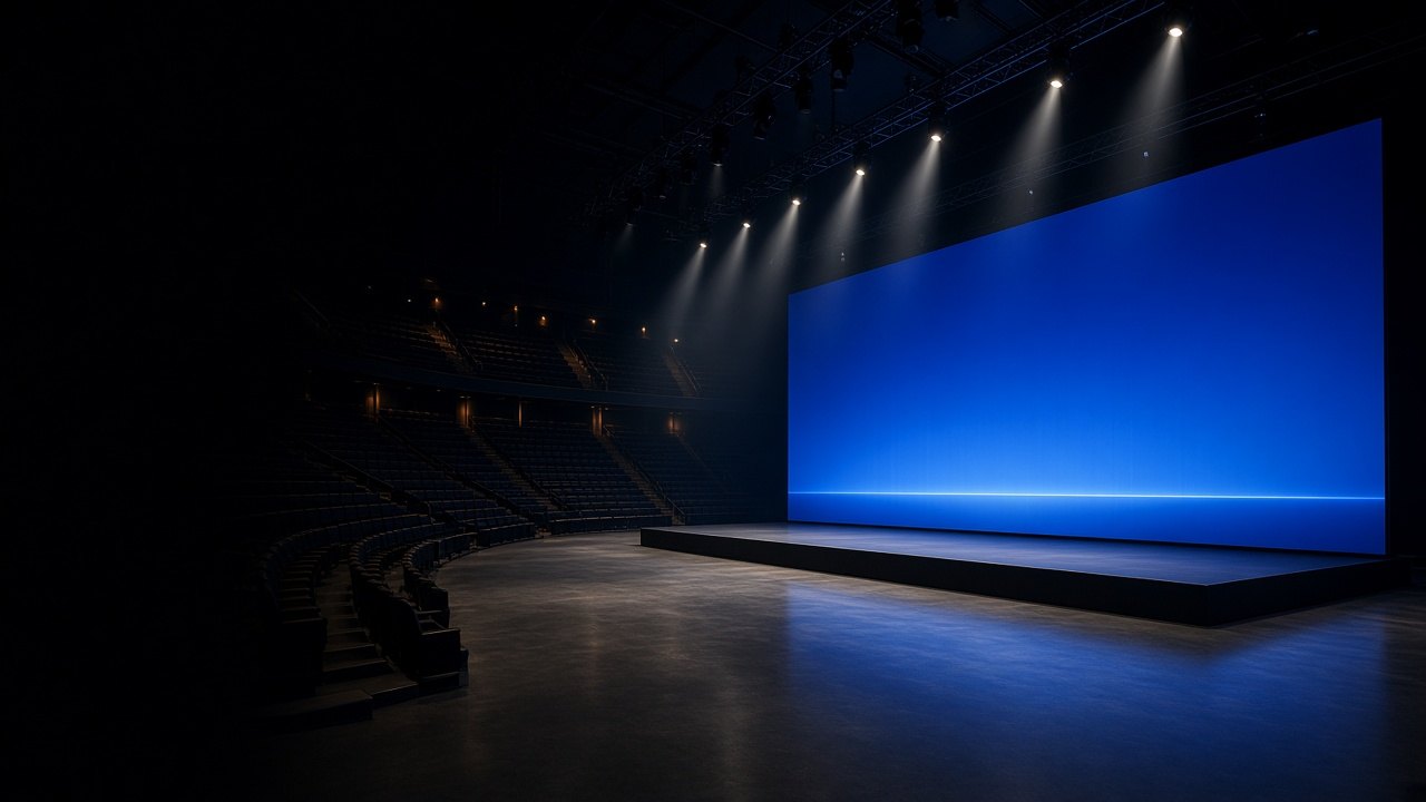 Rendered concert venue — LED wall, lighting truss, and seating