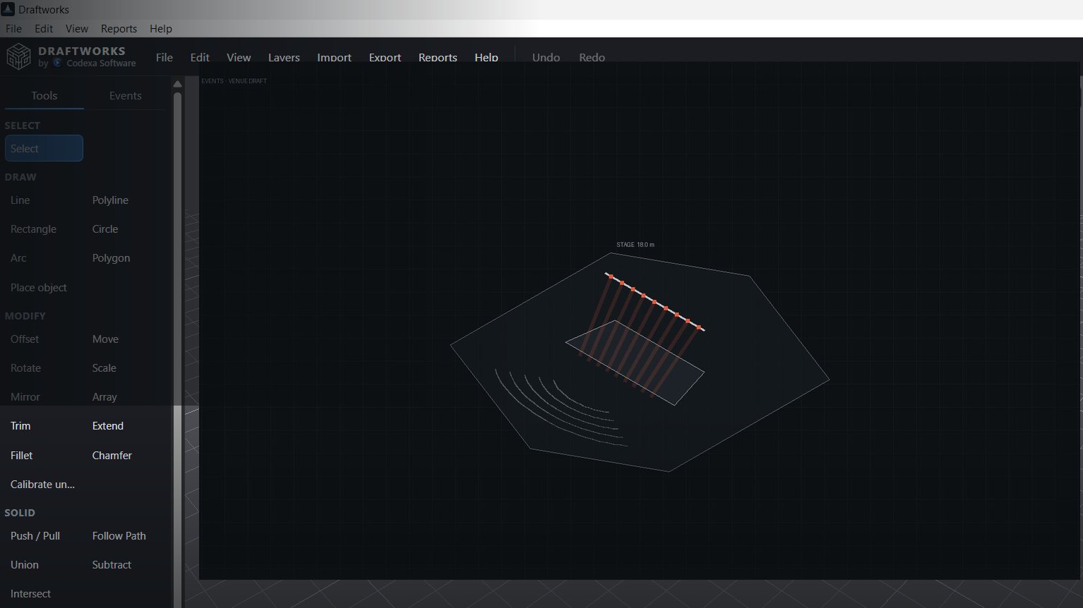 Draftworks desktop — venue draft in the viewport