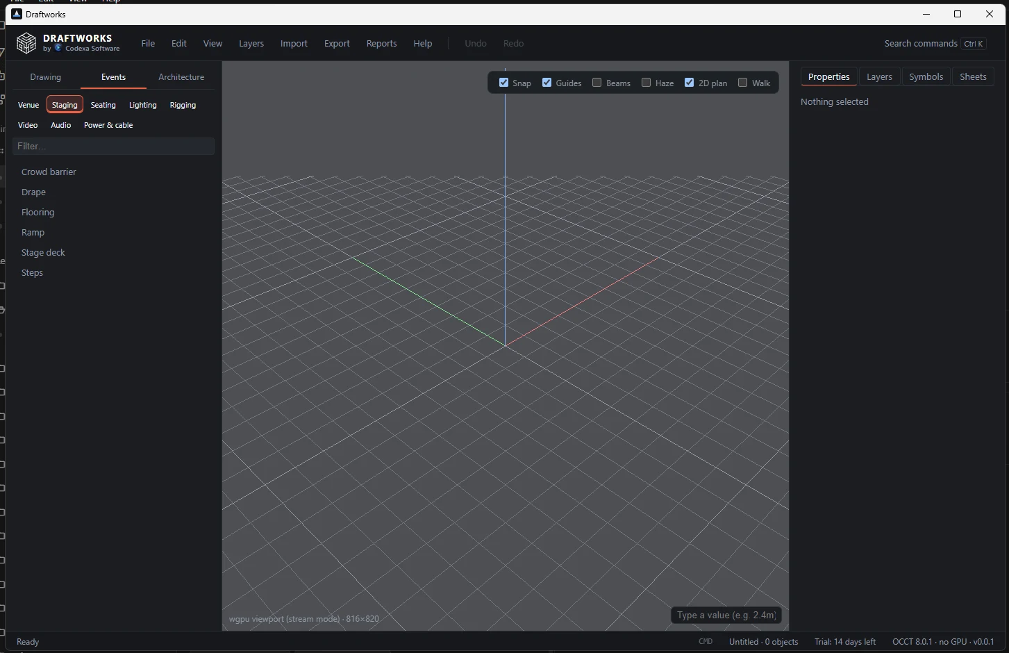 Real Draftworks window — Drawing, Events, and Architecture beside the viewport
