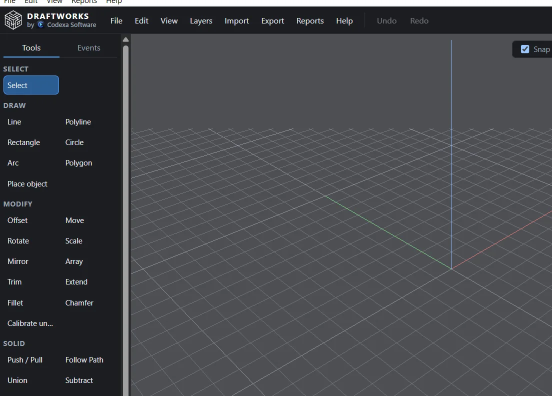 Draftworks UI with tools and viewport